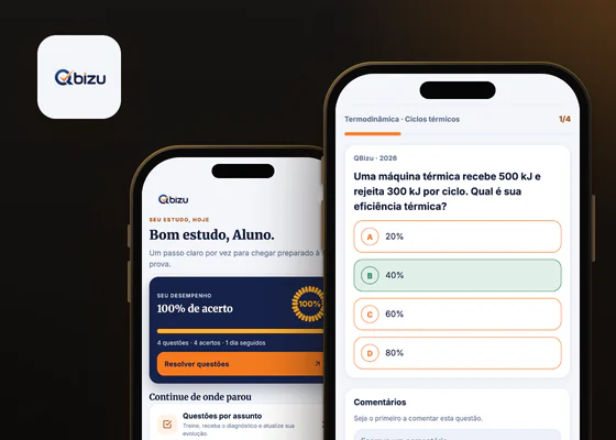 Ícone do App QBizu e dois celulares com a tela inicial e uma questão resolvida
