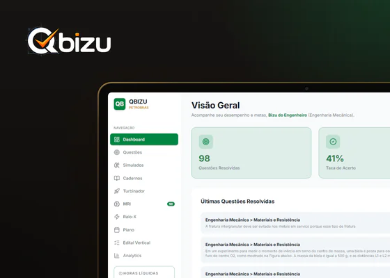 Logo da QBizu e o painel da plataforma de questões no notebook